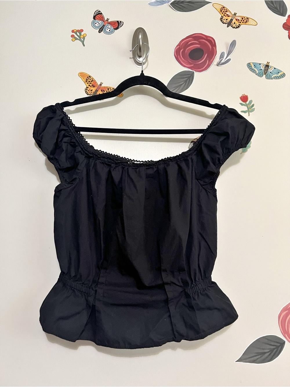 H&M Black Peasant Blouse with Short Puff Sleeves M